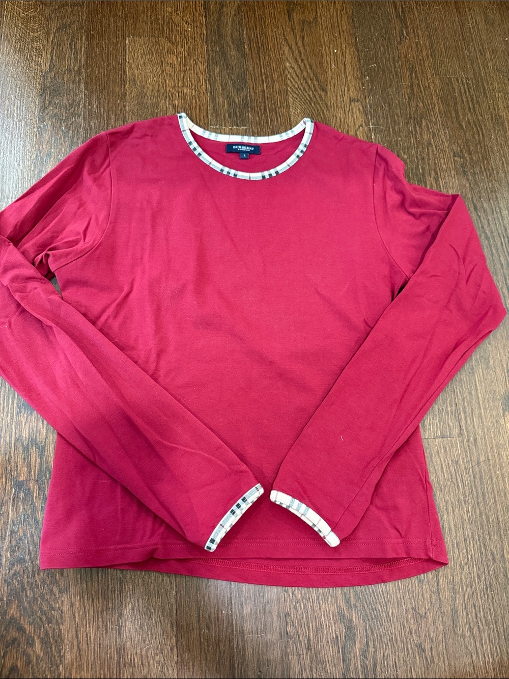 Burberry Red Crewneck Long-Sleeve Sweater with Plaid Trim